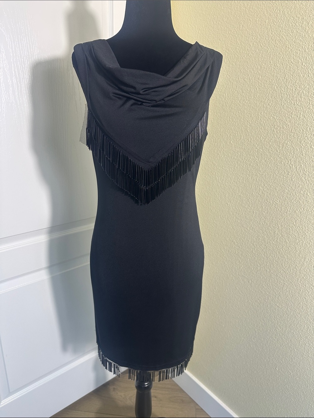 Ark & Co Black Beaded Fringe Cowl Dress. Size Medium